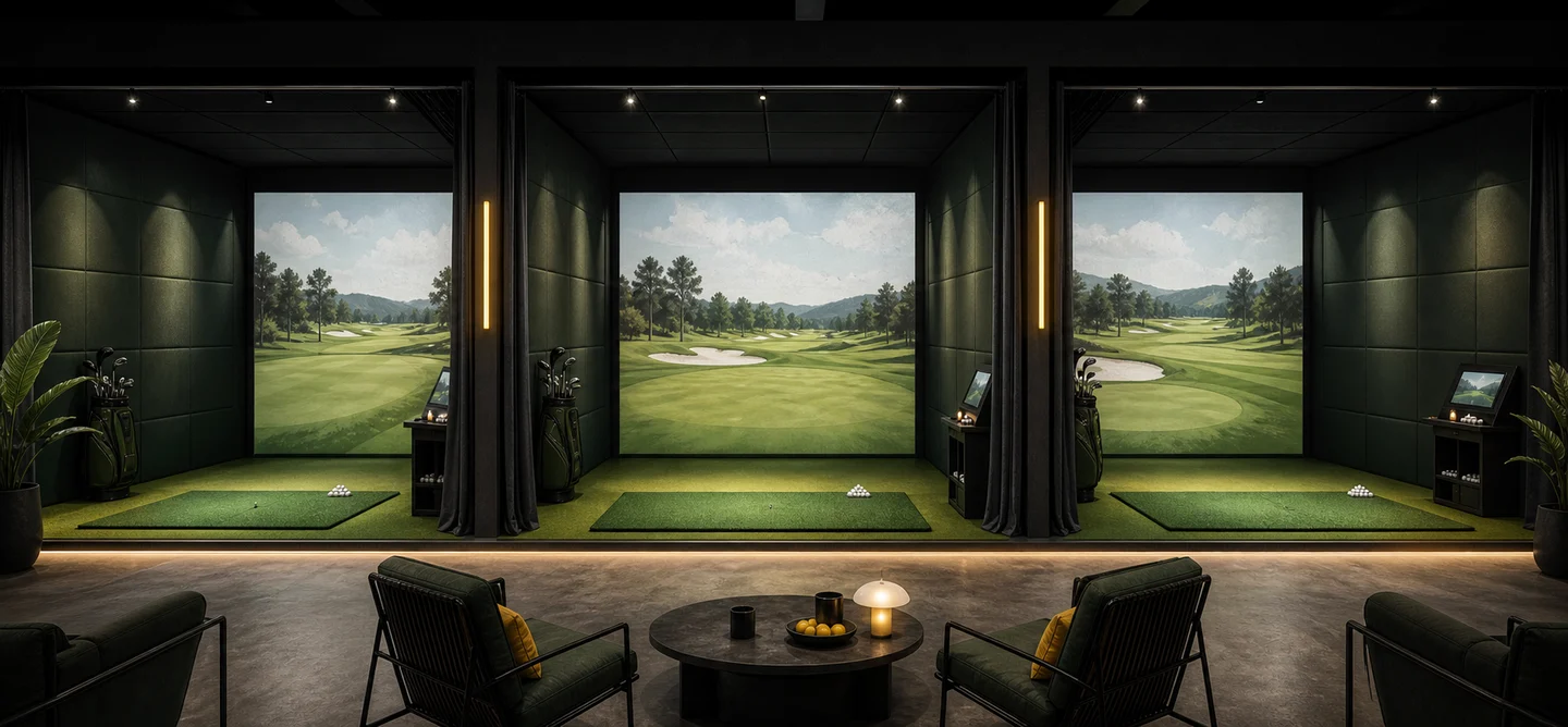 Illustration of three indoor golf simulator bays